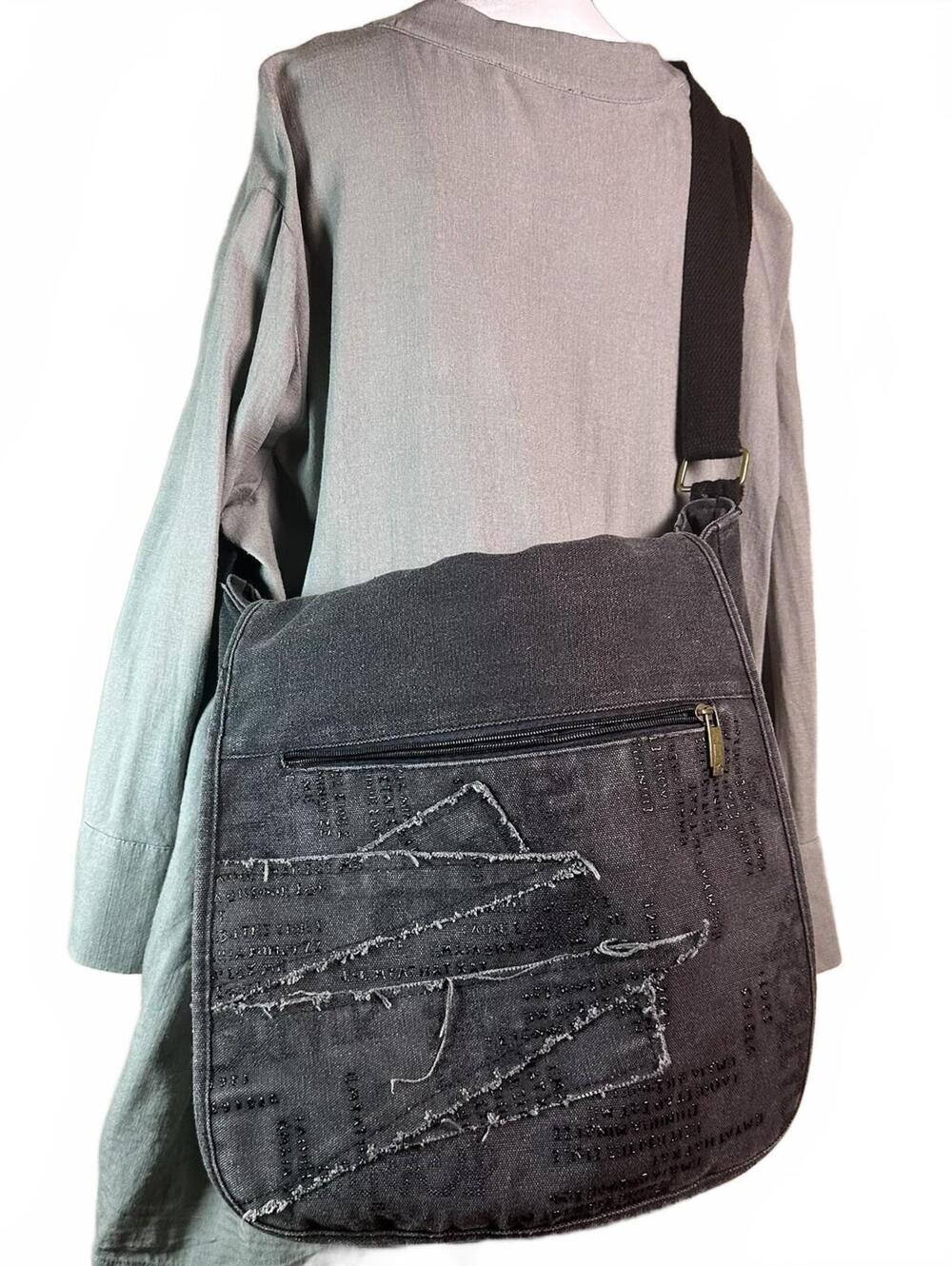 Y2K Washed Black Canvas Crossbody Messenger Bag Frayed Patchwork Cyber Grunge